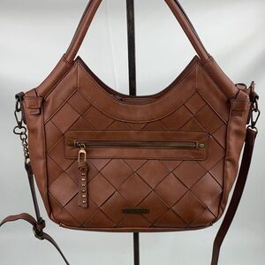 Frye & Co Brown Shoulder Crossbody Bag Weave design Zip close Lined Pockets